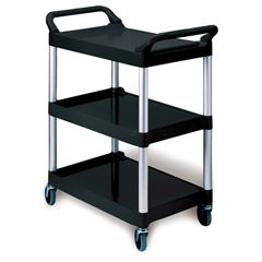RCP3424-88BLA - Rubbermaid CommercialThree-Shelf Utility Cart with Brushed Aluminum Uprights