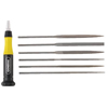 6 Piece Swiss Pattern Neddle File Sets (Length : 5 1/2 in, Shank Diam : 1/8 in, Includes : (1) Warding (Flat) File, (1) Round File, (1) Three Square File, (1) Equaling (Mill) File, (1) Square File, (1) Half Round File, Handle, Vinyl Pouch)