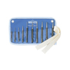 10 Piece Knurled Punch Kits (Includes : 5/16 in. Prick Punch, 1/4, 5/16 in. Center Punches, 1/16, 5/64, 3/32 in. Min. Pin Punches, 3/32, 1/8, 5/32 in. Pin Punches, 3/32 in. Solid Punch, Pouch, Stock Shape : Round, Knurled, Tip Type : Round, Pointed)