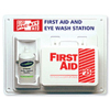 Contractor's First Aid & Eye Flush Stations (Includes : Adhesive Strips 1 x 3 in, Gauze Pads 4 in, 8 x 10 in. Large Wound Pads, Adhesive Tape Rolls 1/2 in, Gauze Bandage 4 in, Triangular Bandage, Antiseptic Wipes, First Aid/Burn Cream Packs, Instant Cold Pack, Latex Gloves, Scissors, Forceps, 1, Mounting : Wall, Case Material : Plastic)