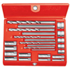 Screw Extractor Sets (Extractor Screw Diam : 1/4 in [Min], 9/16 in [Max], Material : Alloy Steel, Includes : No. 1, 2, 3, 4, 5 Extractors, Drill Bits No. 1 - 5, Drill Guides Nos. 921 to 1821, Plastic Box)